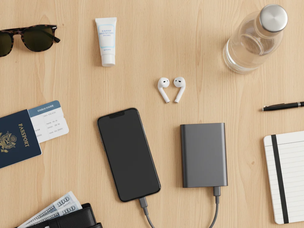 Ponsel, power bank, earphone, dompet, dan botol minum untuk bekal solo trip