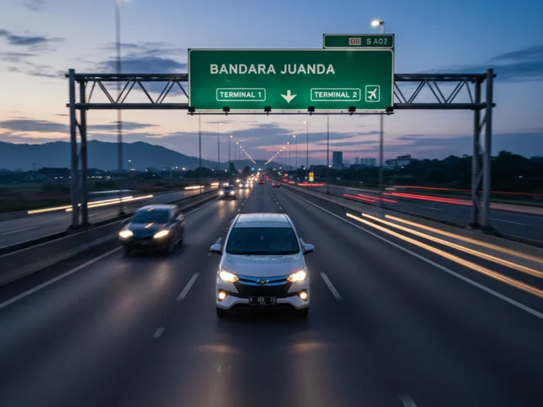 Mobil travel Makuta Travel melaju di jalan tol menuju Bandara Juanda Surabaya