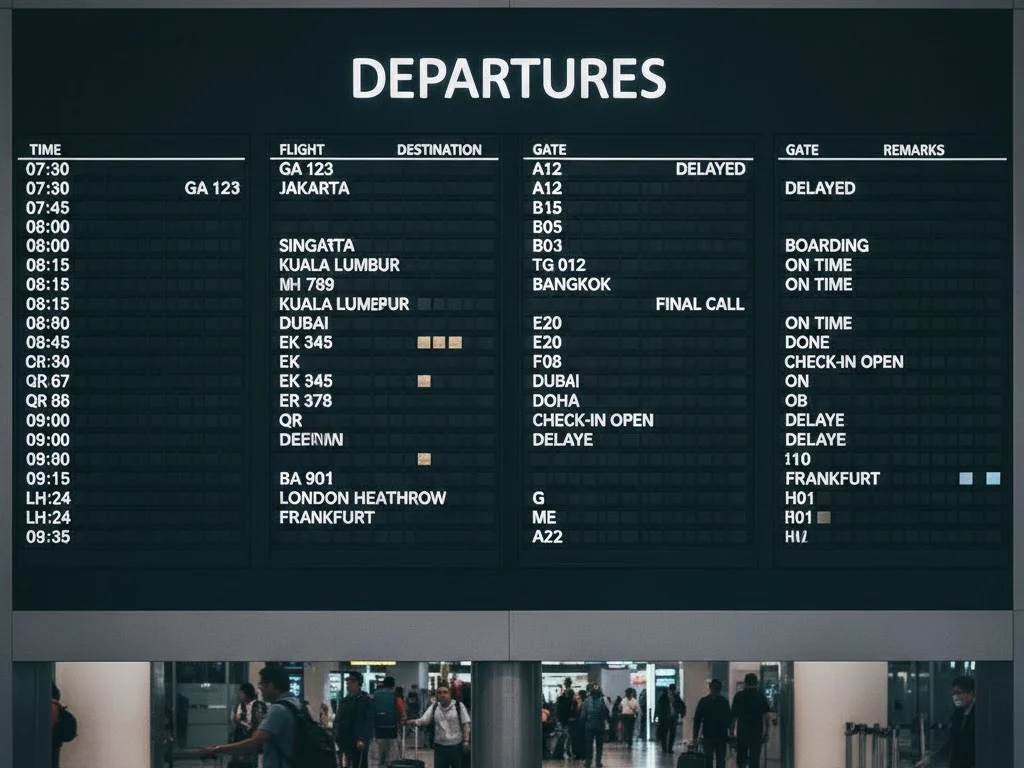 Papan jadwal keberangkatan pesawat di bandara saat penerbangan terdampak abu vulkanik