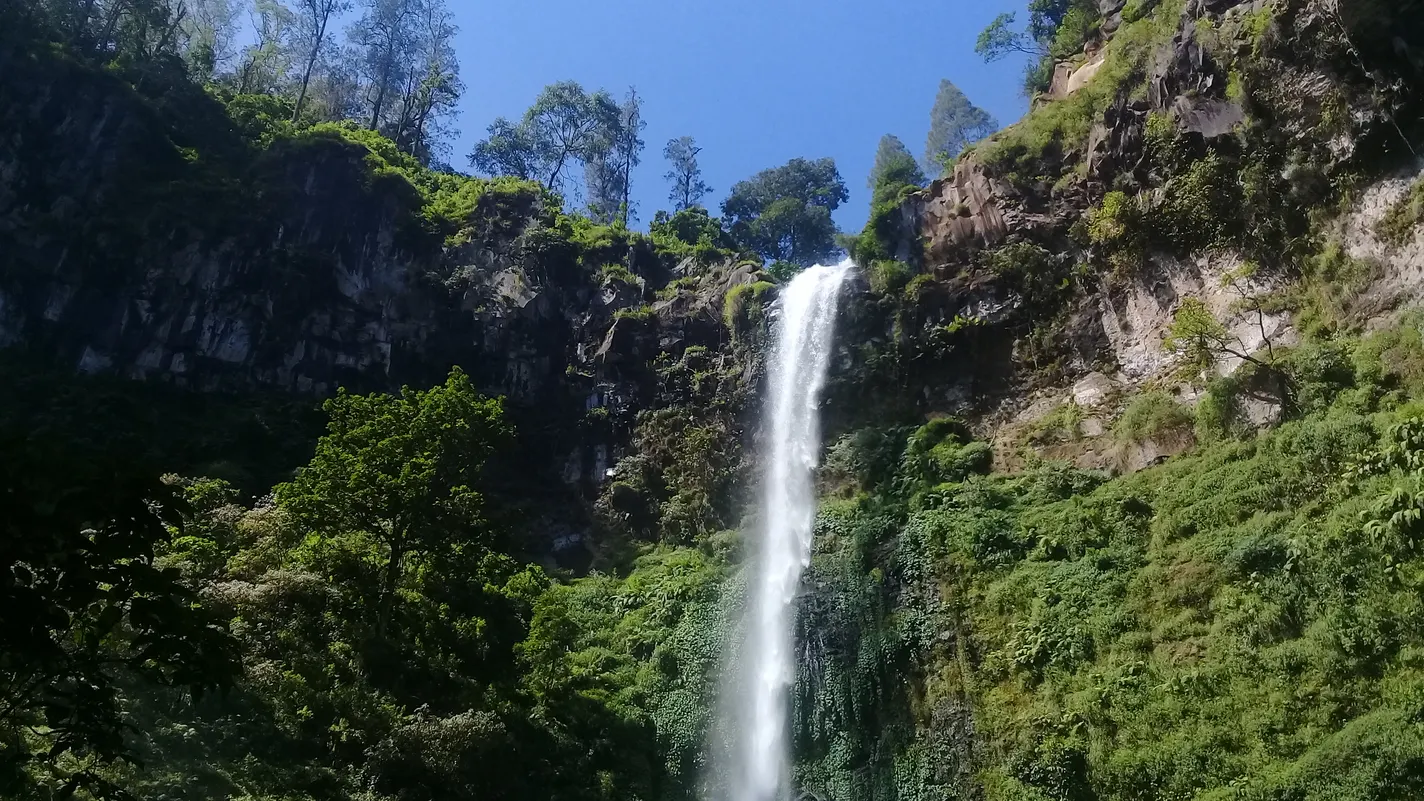 Air terjun Coban Rondo di Pujon yang dikelilingi tebing dan hutan hijau