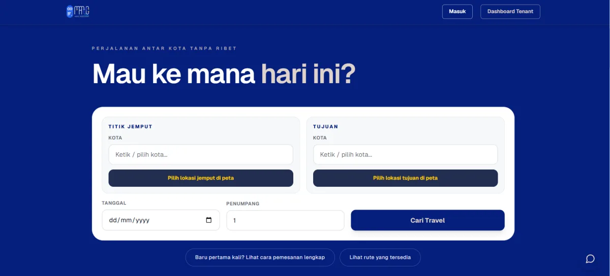 Halaman pencarian Matic App dengan kolom titik jemput, tujuan, tanggal, dan jumlah penumpang