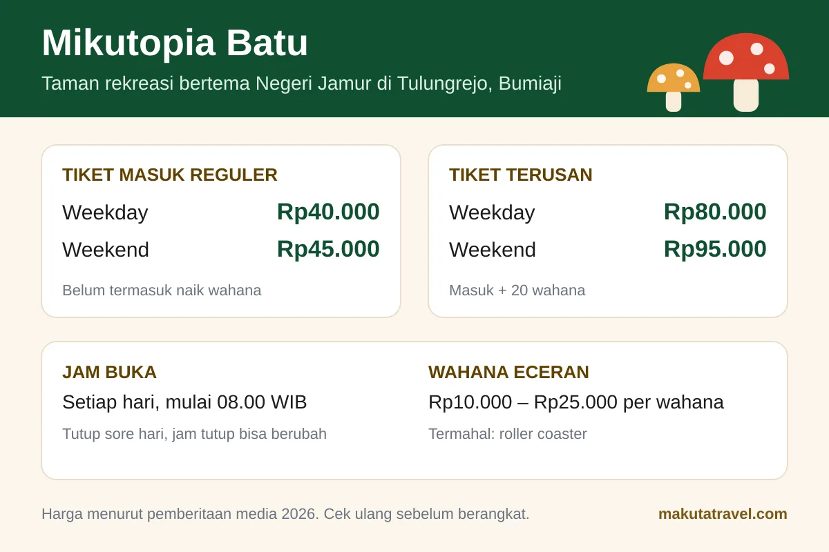 Infografis harga tiket reguler, tiket terusan, dan jam buka Mikutopia Batu 2026