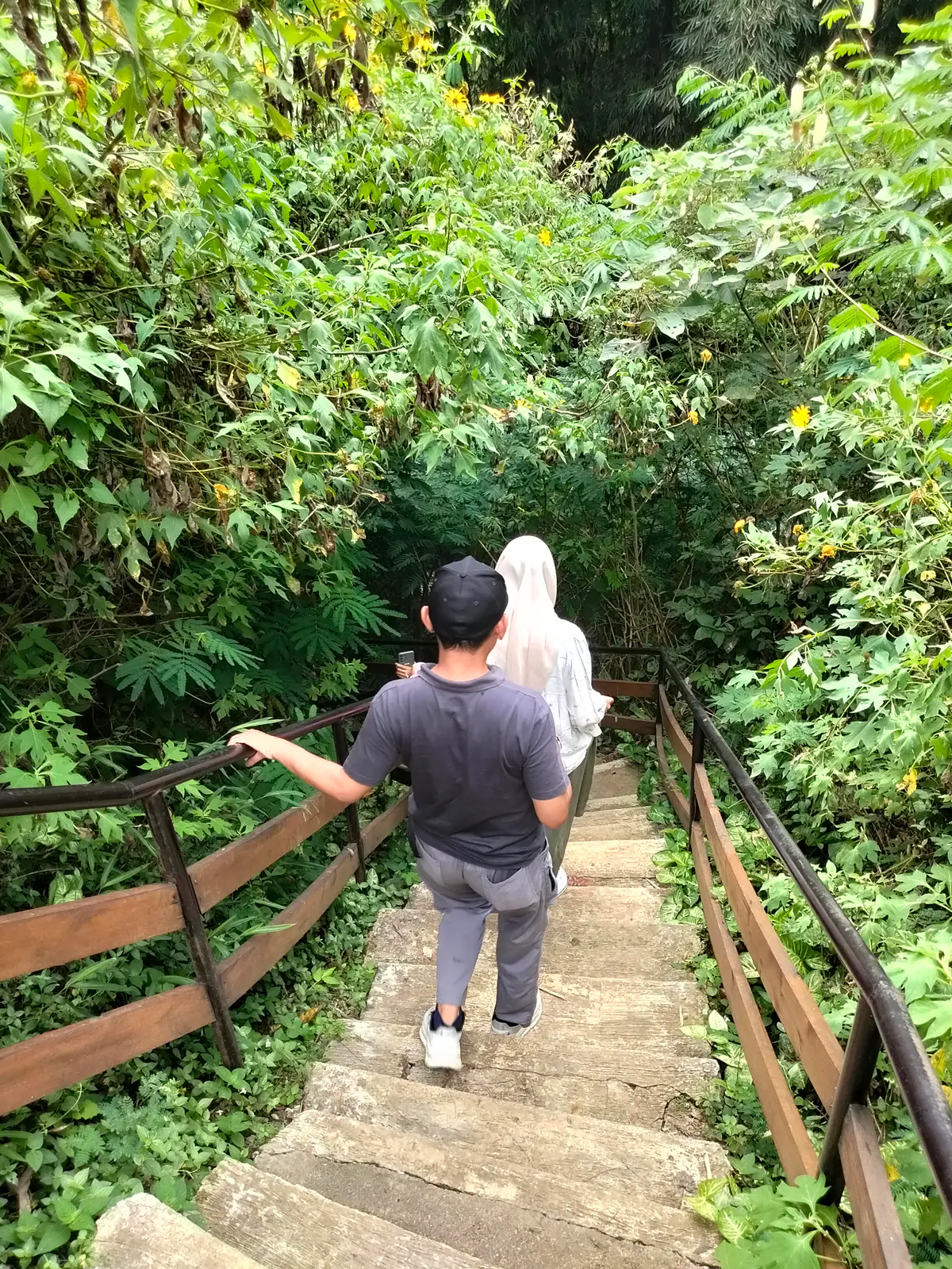 Pengunjung menuruni tangga berpagar kayu di jalur hijau menuju air terjun Coban Lanang