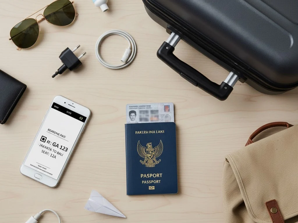Persiapan dokumen perjalanan untuk check-in di bandara, termasuk paspor, KTP, dan tiket pesawat.