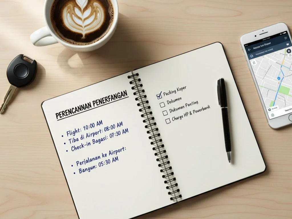 Perencanaan jadwal keberangkatan ke Juanda menggunakan catatan dan rumus hitung mundur dari waktu penerbangan.