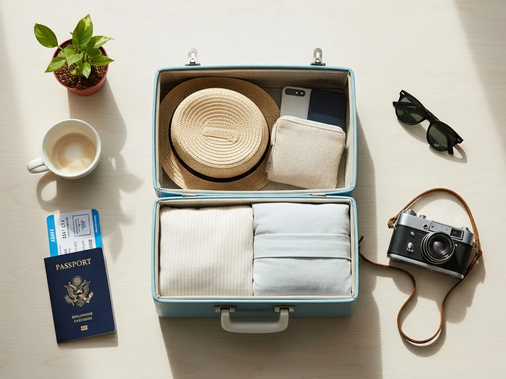 Koper yang sudah rapi dengan paspor dan tiket siap untuk berangkat liburan menggunakan agen travel.