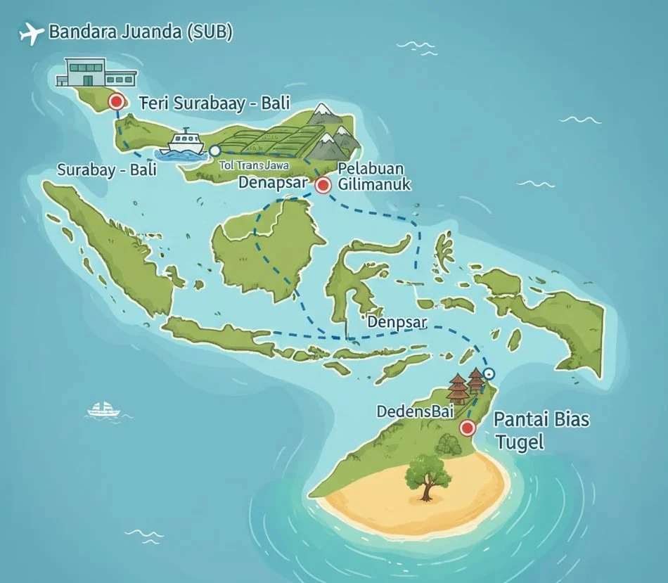 Peta rute perjalanan dari Malang ke Padangbai via udara dan darat
